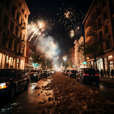 A glittering cityscape on New Years Eve with fireworks, Fireworks at Night, Colorful fireworkの素材