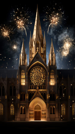 A glittering cityscape on New Years Eve with fireworks, Fireworks at Night, Colorful fireworkの素材