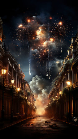A glittering cityscape on New Years Eve with fireworks, Fireworks at Night, Colorful fireworkの素材