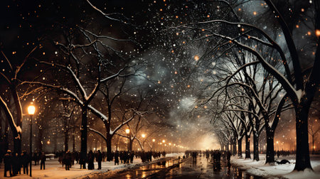 A glittering cityscape on New Years Eve with fireworks, Fireworks at Night, Colorful fireworkの素材