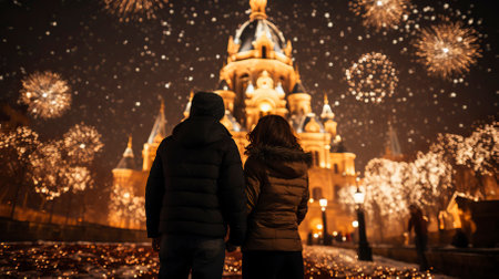 A glittering cityscape on New Years Eve with fireworks, Fireworks at Night, Colorful fireworkの素材