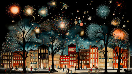 A glittering cityscape on New Years Eve with fireworks, Fireworks at Night, Colorful fireworkの素材