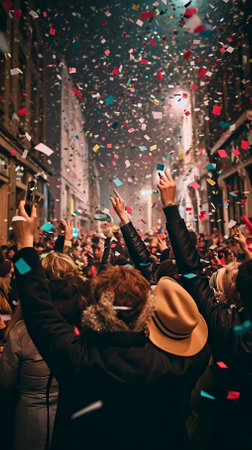 A lively New Years Eve street party Celebration in city road Celebration.の素材