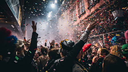 A lively New Years Eve street party Celebration in city road Celebration.の素材