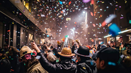 A lively New Years Eve street party Celebration in city road Celebration.の素材