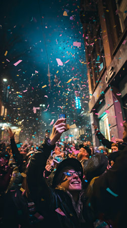 A lively New Years Eve street party Celebration in city road Celebration.の素材