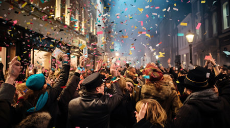 A lively New Years Eve street party Celebration in city road Celebration.の素材