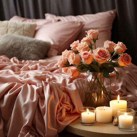 Beautiful roses in vase and burning candles on table in bedroomの素材