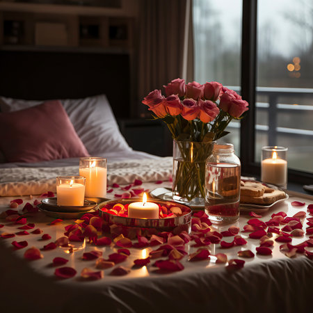 Romantic still life with rose petals and candles on the bedの素材