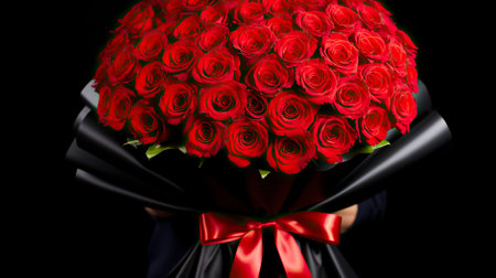 Man holding a bouquet of red roses. Isolated on black background.の素材