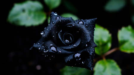 Beautiful black rose with water drops on a dark background. Selective focus.の素材