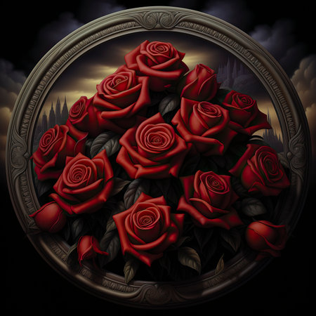 Illustration of red roses in a round frame on a dark backgroundの素材