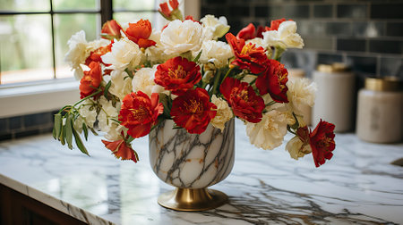 Flower arrangement in a vase on a marble countertop.の素材