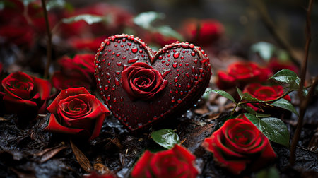 Valentines Day background with red roses and heart on dark backgroundの素材