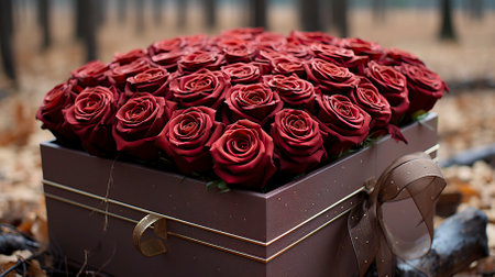 Red roses in a gift box on the ground in the forest.の素材
