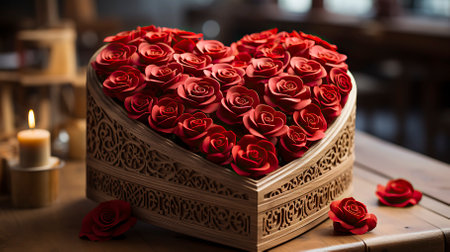 Red roses in a heart-shaped box on a wooden table.の素材