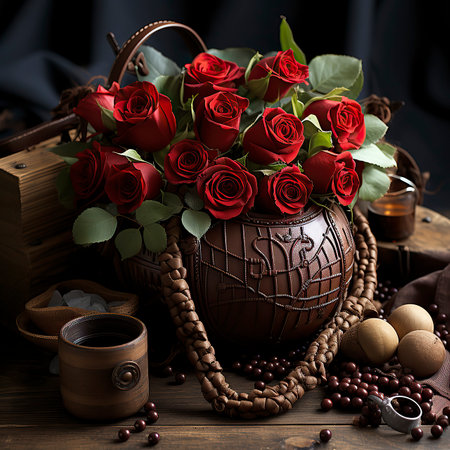 Bouquet of red roses in a vase on a wooden tableの素材
