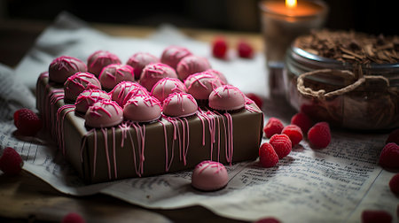 Homemade chocolate candies with raspberries on a wooden backgroundの素材