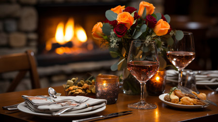 Romantic dinner setting in front of the fireplace with rose flowers.の素材