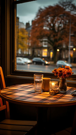 Beautiful autumn view from the window of a cafe in the eveningの素材