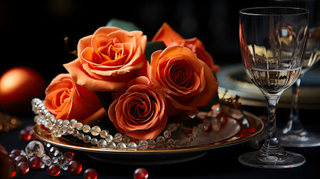 Festive table setting with orange roses and champagne glasses on black backgroundの素材
