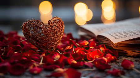 Red rose petals, book and heart shape candle on dark backgroundの素材