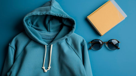 Top View Blue Sweater and Hoodie Mock-up Unisex Fashion, Book, Sunglassesの素材