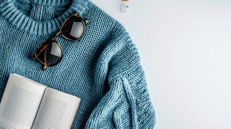 Top View Blue Sweater and Hoodie Mock-up Unisex Fashion, Book, Sunglassesの素材