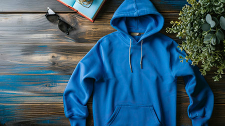 Top View Blue Sweater and Hoodie Mock-up Unisex Fashion, Book, Sunglassesの素材
