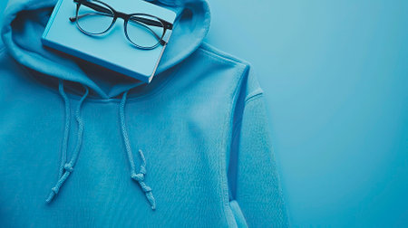 Top View Blue Sweater and Hoodie Mock-up Unisex Fashion, Book, Sunglassesの素材