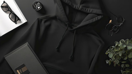 Top View BLack Sweater and Hoodie Mock-up Unisex Fashion, Book, Sunglassesの素材