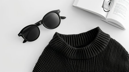 Top View BLack Sweater and Hoodie Mock-up Unisex Fashion, Book, Sunglassesの素材