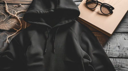 Top View BLack Sweater and Hoodie Mock-up Unisex Fashion, Book, Sunglassesの素材