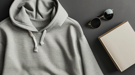 Top View Grey Sweater and Hoodie Mock-up Unisex Fashion, Book, Sunglassesの素材