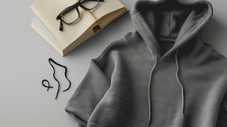 Top View Grey Sweater and Hoodie Mock-up Unisex Fashion, Book, Sunglassesの素材