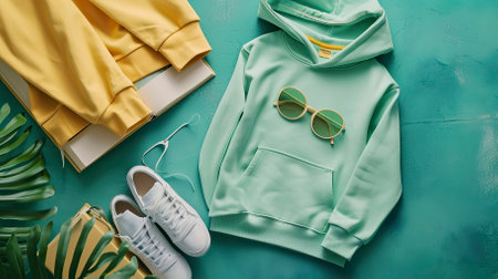 Top View Green Sweater and Hoodie Mock-up Unisex Fashion, Book, Sunglassesの素材