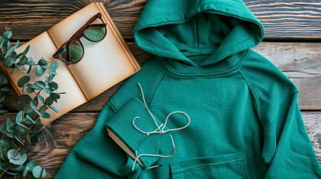 Top View Green Sweater and Hoodie Mock-up Unisex Fashion, Book, Sunglassesの素材