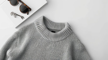 Top View Grey Sweater and Hoodie Mock-up Unisex Fashion, Book, Sunglassesの素材