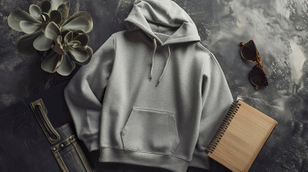 Top View Grey Sweater and Hoodie Mock-up Unisex Fashion, Book, Sunglassesの素材