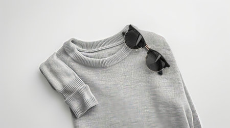 Top View Grey Sweater and Hoodie Mock-up Unisex Fashion, Book, Sunglassesの素材