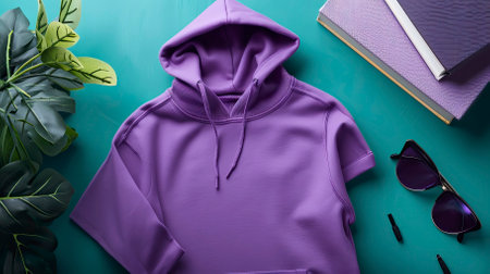 Top View Purple Sweater and Hoodie Mock-up Unisex Fashion, Book, Sunglassesの素材