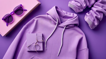 Top View Purple Sweater and Hoodie Mock-up Unisex Fashion, Book, Sunglassesの素材