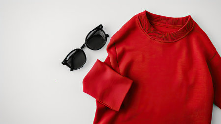 Top View red Sweater and Hoodie Mock-up Unisex Fashion, Book, Sunglassesの素材