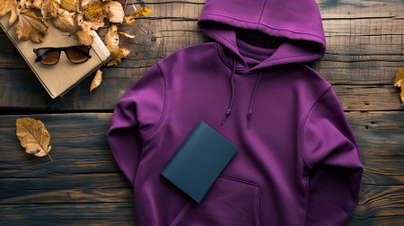 Top View Purple Sweater and Hoodie Mock-up Unisex Fashion, Book, Sunglassesの素材