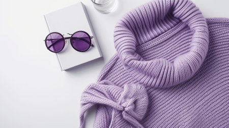 Top View Purple Sweater and Hoodie Mock-up Unisex Fashion, Book, Sunglassesの素材