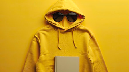 Top View yellow Sweater and Hoodie Mock-up Unisex Fashion, Book, Sunglassesの素材