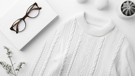 Top View White Sweater and Hoodie Mock-up Unisex Fashion, Book, Sunglassesの素材