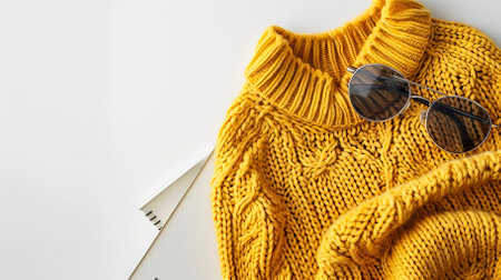 Top View yellow Sweater and Hoodie Mock-up Unisex Fashion, Book, Sunglassesの素材