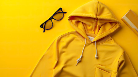 Top View yellow Sweater and Hoodie Mock-up Unisex Fashion, Book, Sunglassesの素材