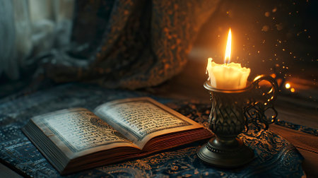 A burning candle in a candlestick and a book on a dark background.の素材